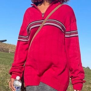 Y2K RED RIBBED STRIPED QUARTER ZIP KNIT SKATER SWEATER